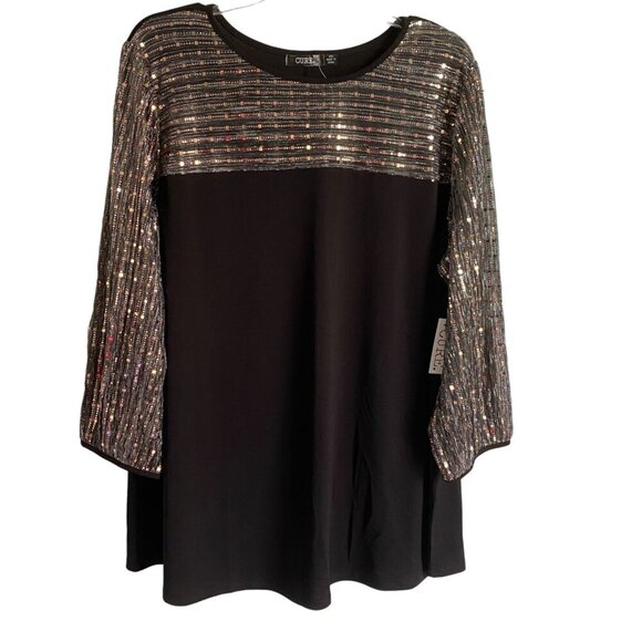 Cure. Black Sequin Top With 3/4 Sleeves Rayon Spandex Blend Women's 2XL NEW - Picture 1 of 12